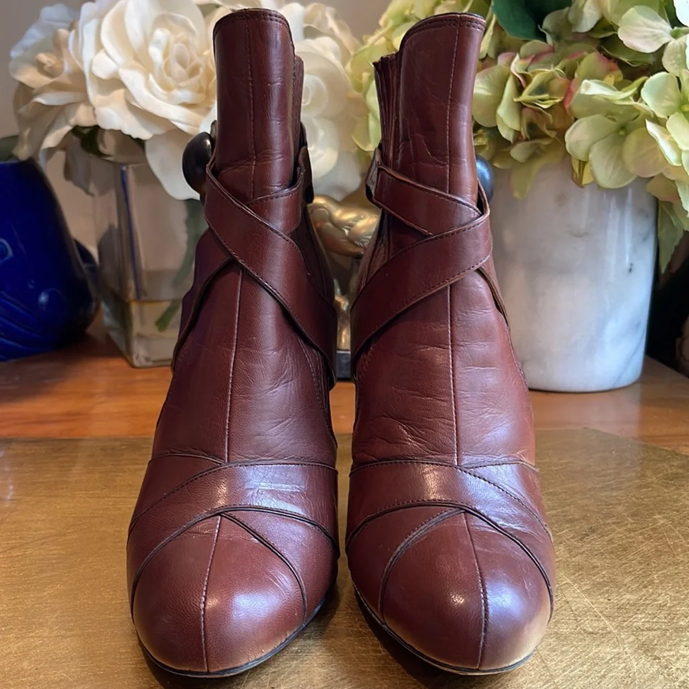 Miu Miu Capretto Stitch Cotto Leather Booties in Brown Leather and Copper